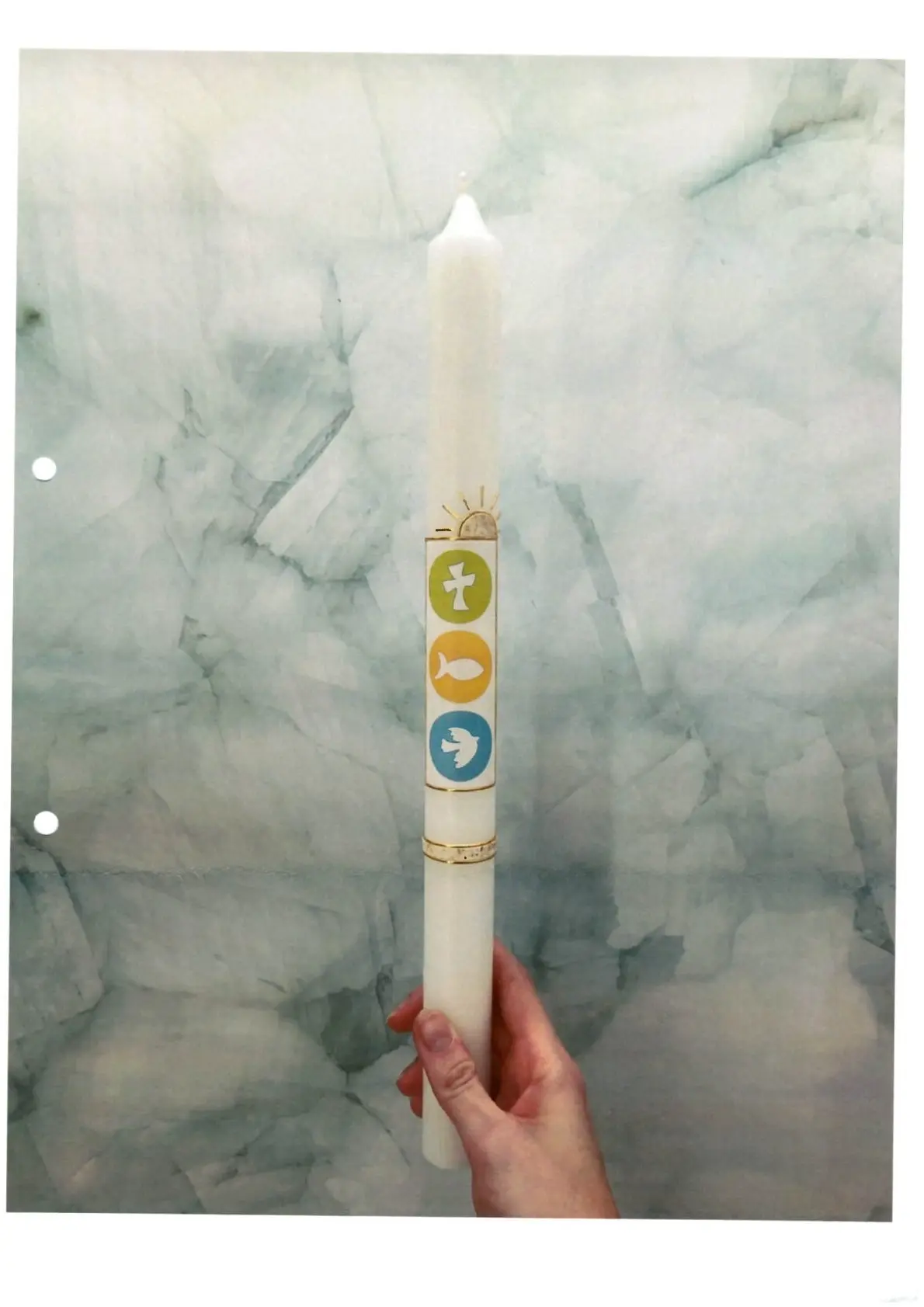 Taufkerze Kreuz Fisch Taube/grün orange blau TKS11