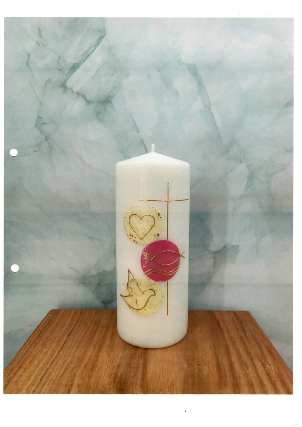 Tisch-Taufkerze Kreuz Fisch Taube/rosa gold TKT02
