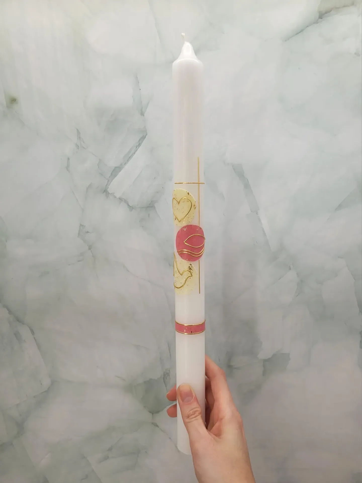 Taufkerze Herz Fisch Taube/rosa gold TKS03