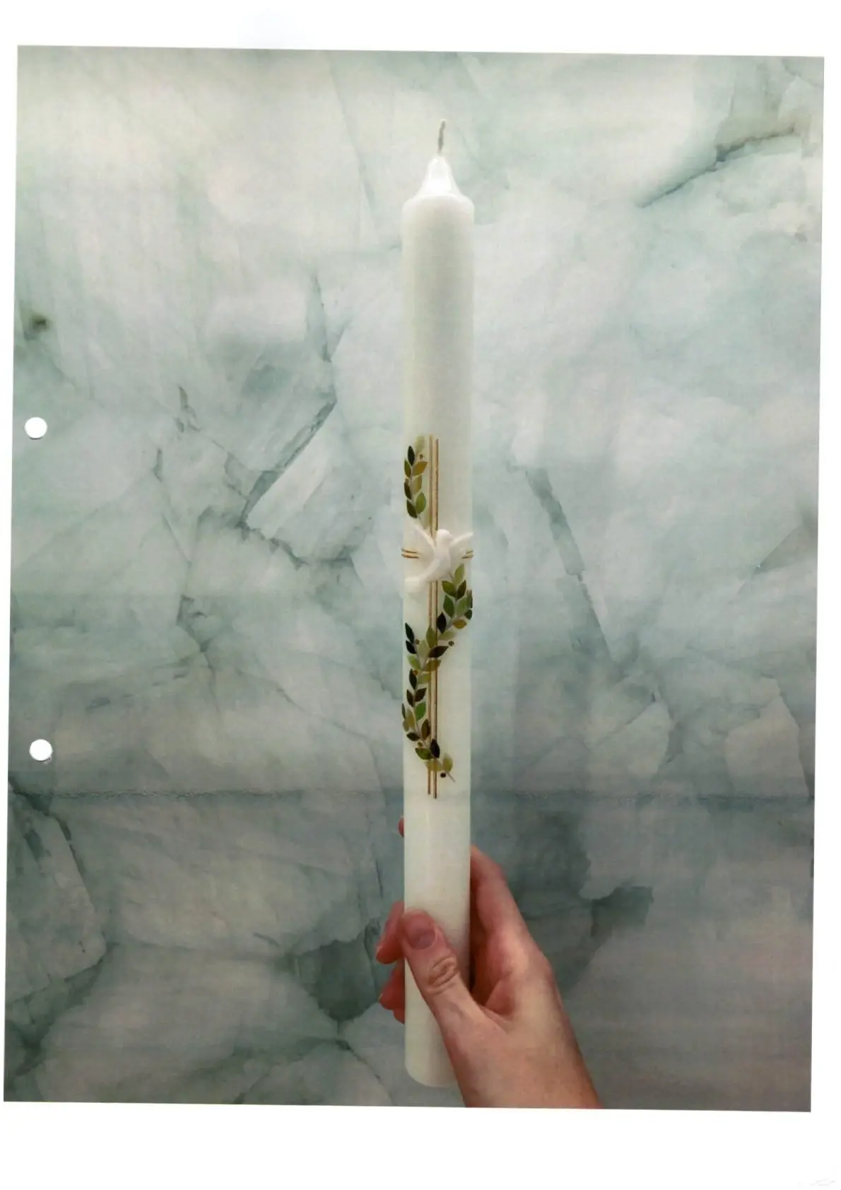 Taufkerze Blätterband auf Kreuz mit Taube/grün gold TKS09