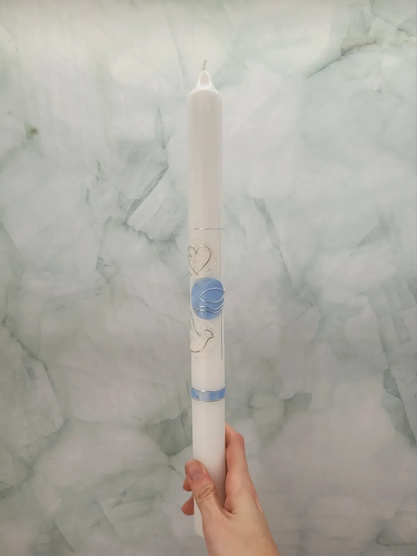 Taufkerze Herz Fisch Taube/hellblau silber TKS04