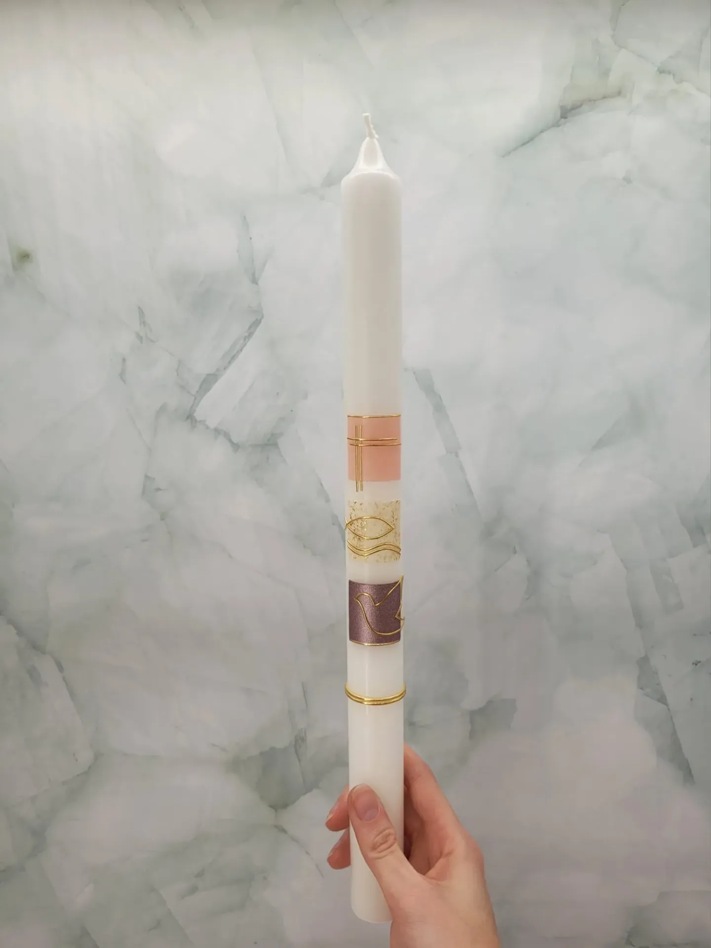 Taufkerze Kreuz Fisch Taube/rosa lila gold TKS05