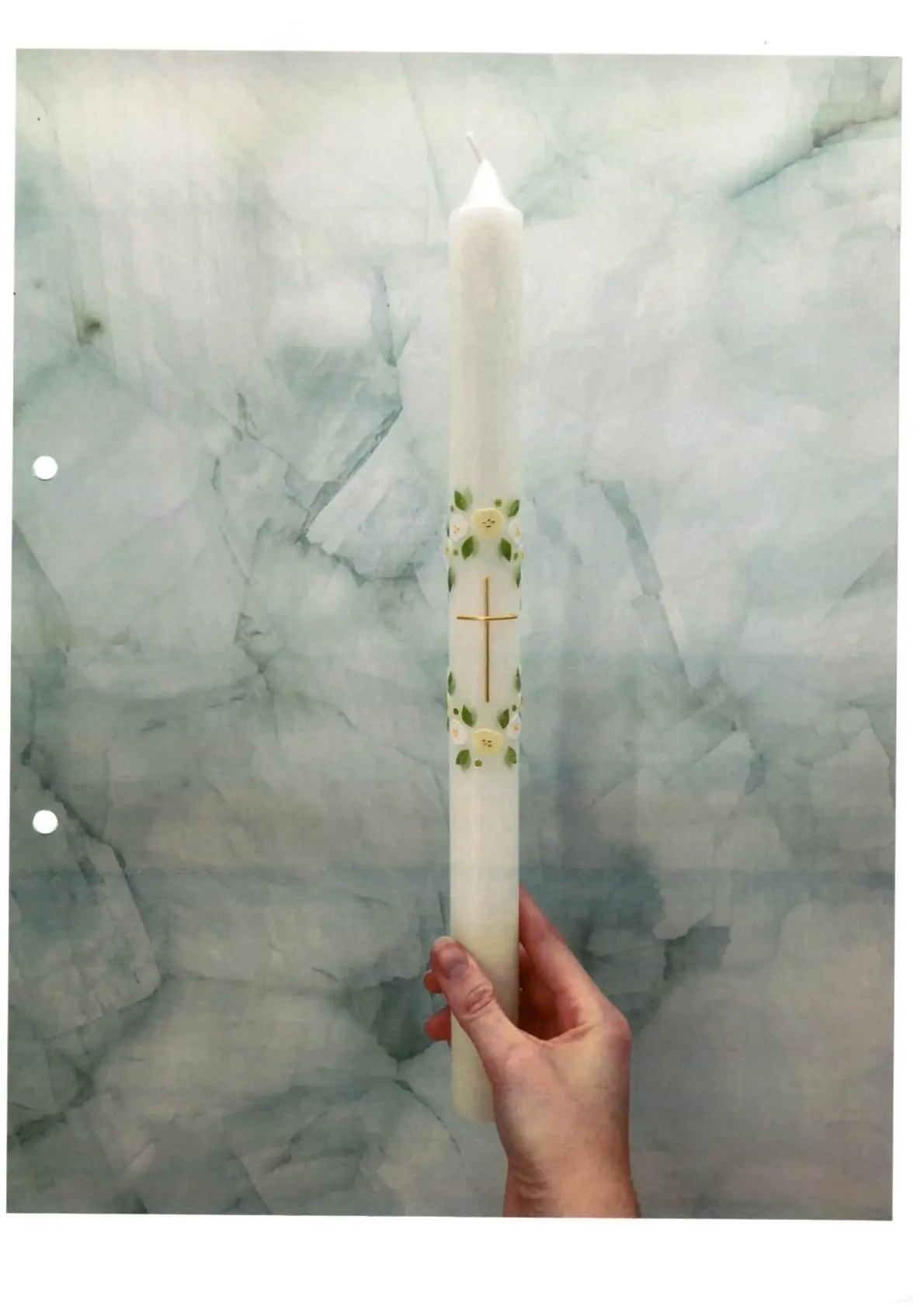 Taufkerze Kreuz im Blütenkranz/grün gold TKS10