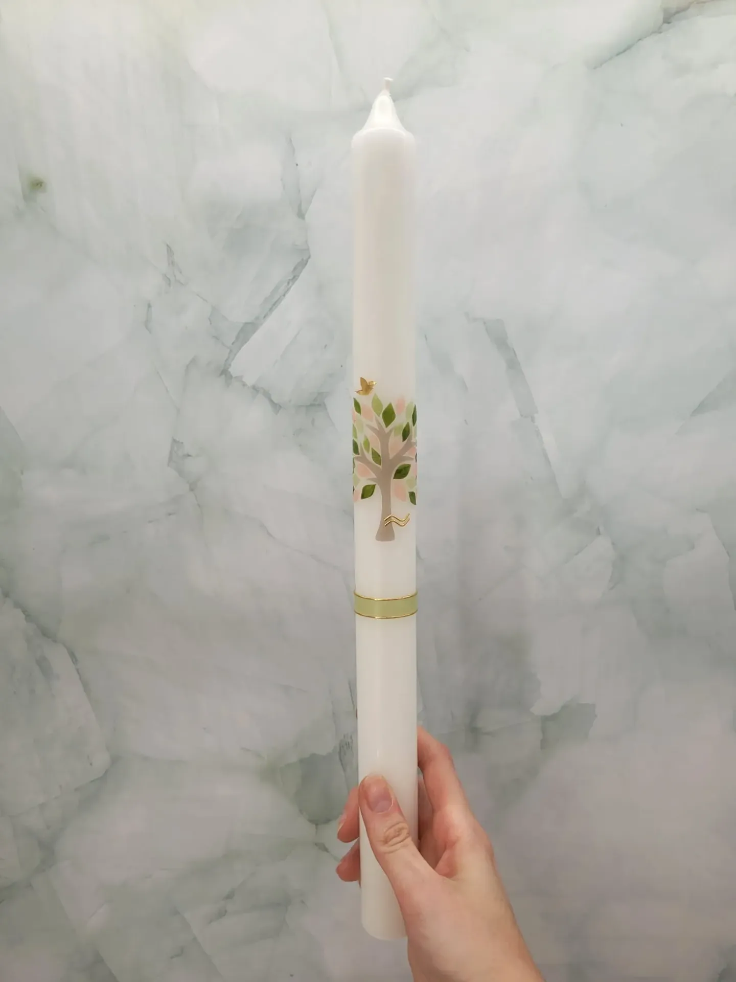 Taufkerze Baum/rosa hellgrün TKS01