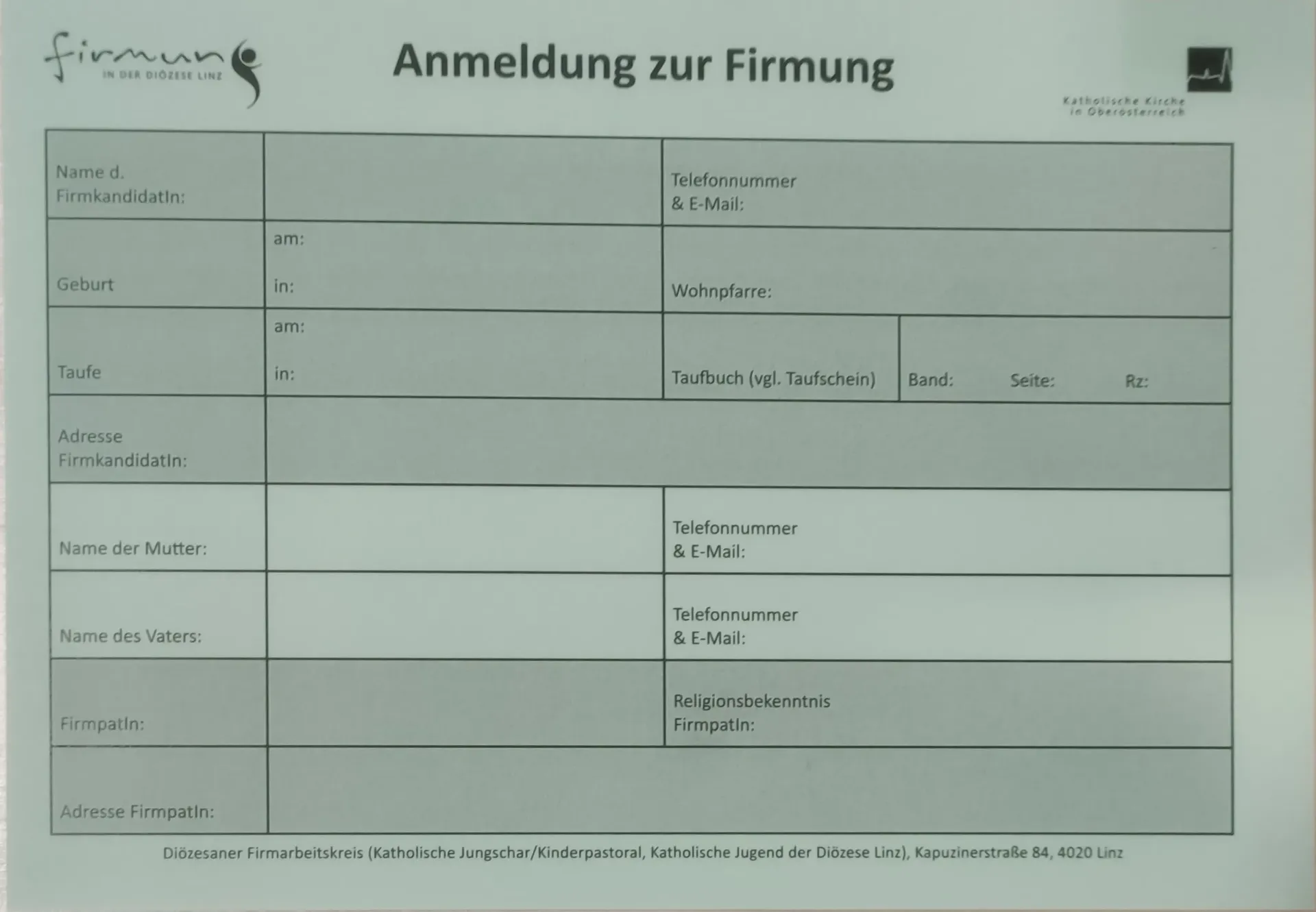 Karte Anmeldung zur Firmung