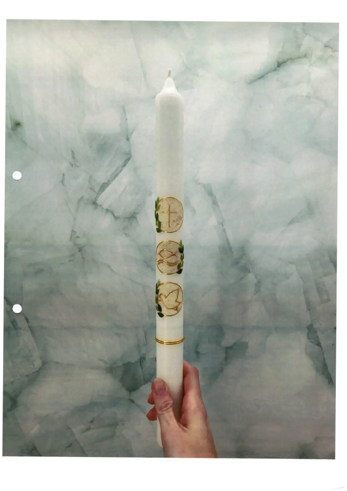 Taufkerze Kreuz Fisch Taube mit grünen Blättern/gold TKS08