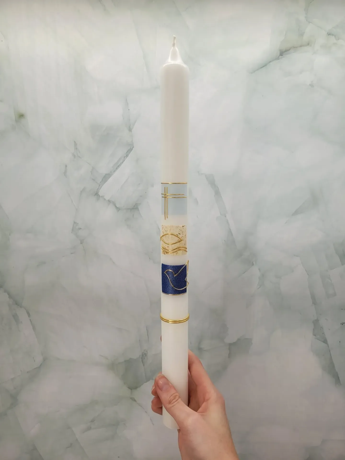 Taufkerze Kreuz Fisch Taube/hellblau dunkelblau gold TKS06